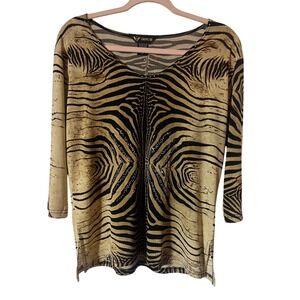 Valentina Zebra Print Top Size M Y2K Rhinestone V-Neck Tan Black 3/4 Sleeve
